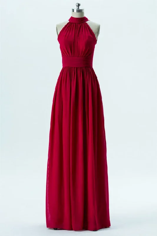 Red Chiffon Halter Banded Waist Bridesmaid Dress