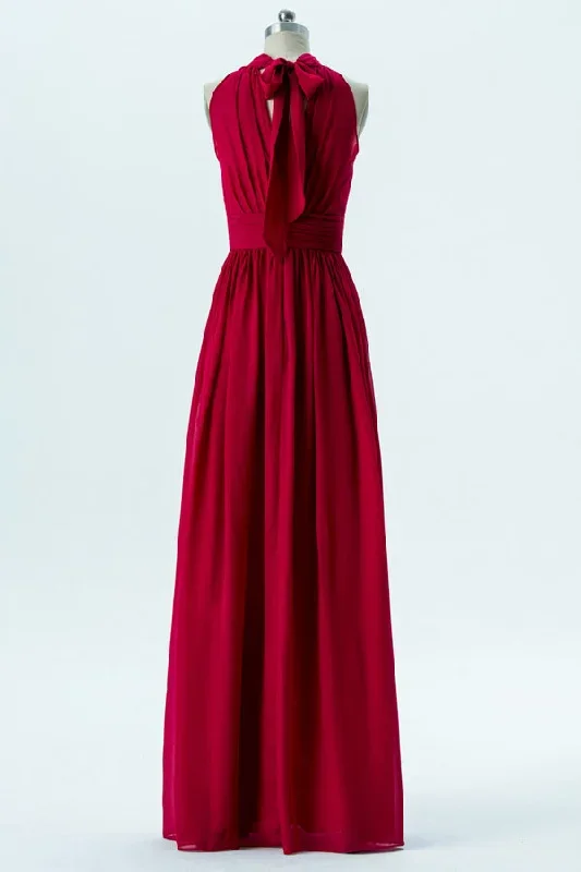 red-chiffon-halter-banded-waist-bridesmaid-dress