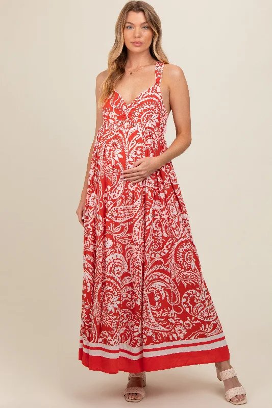 Red Paisley Cutout Back Maternity Maxi Dress