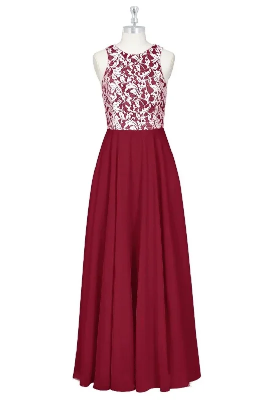 Red Print Crew Neck Sleeveless A-Line Long Bridesmaid Dress