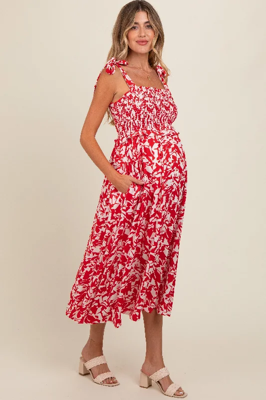 red-printed-smocked-shoulder-tie-maternity-midi-dress