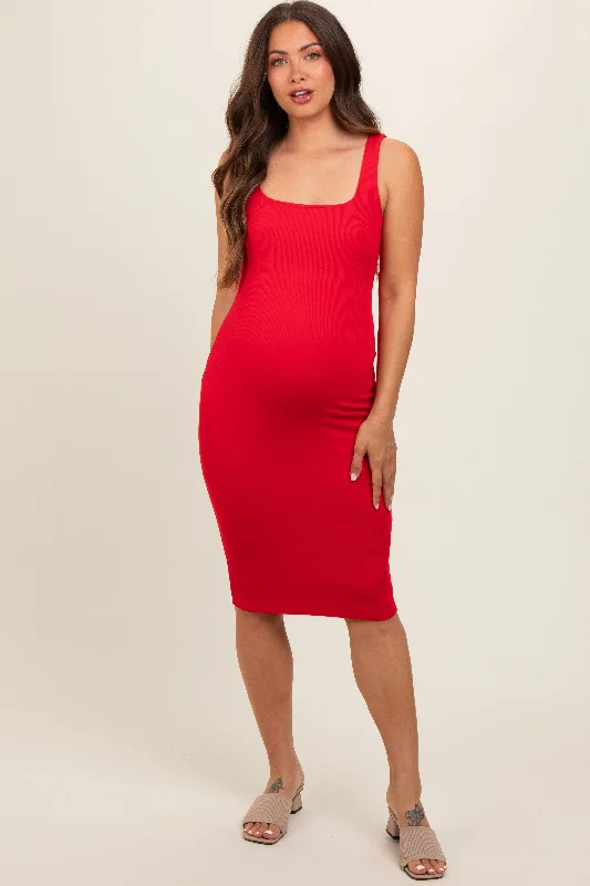 red-sleeveless-ribbed-square-neck-maternity-midi-dress