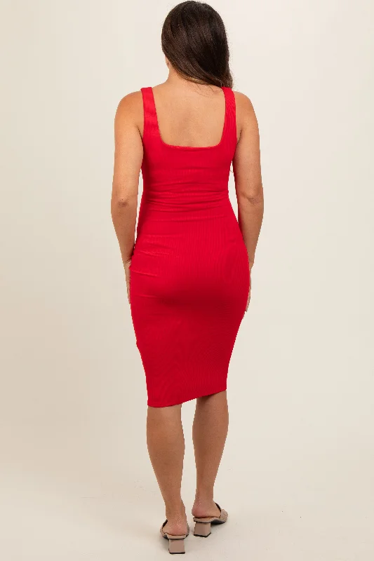 red-sleeveless-ribbed-square-neck-maternity-midi-dress