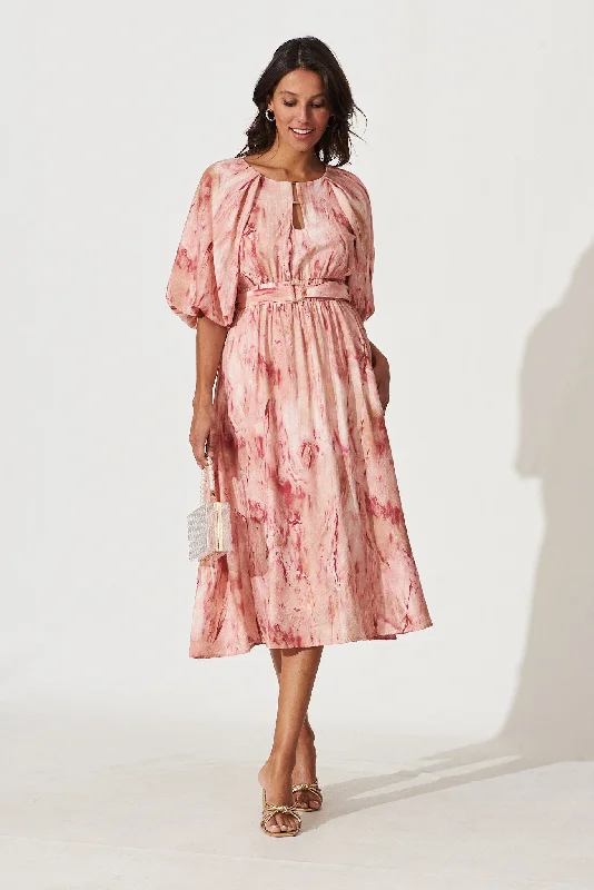 Romantic Midi Dress In Pink Watercolour Print