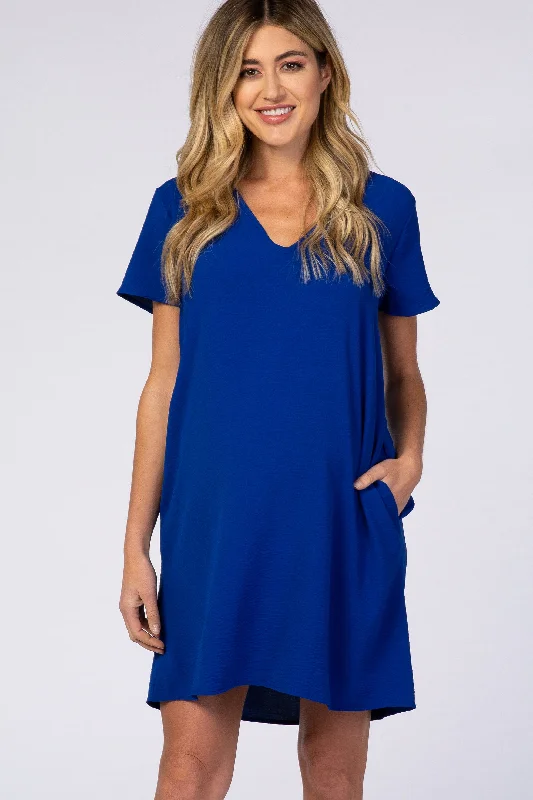 royal-blue-v-neck-short-sleeve-maternity-dress