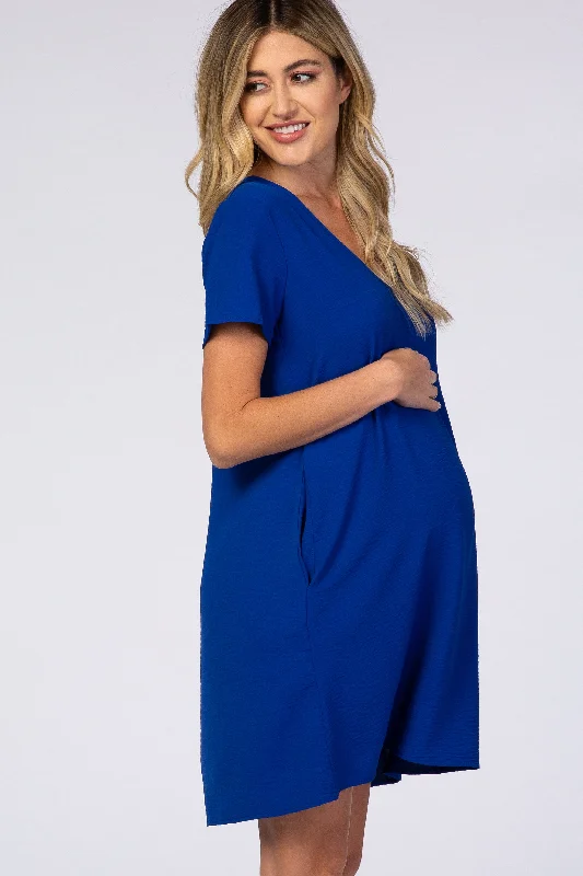 royal-blue-v-neck-short-sleeve-maternity-dress