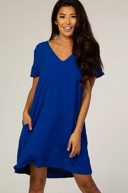 royal-blue-v-neck-short-sleeve-maternity-dress