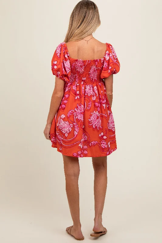 rust-floral-knot-front-sweetheart-neck-short-puff-sleeve-maternity-dress