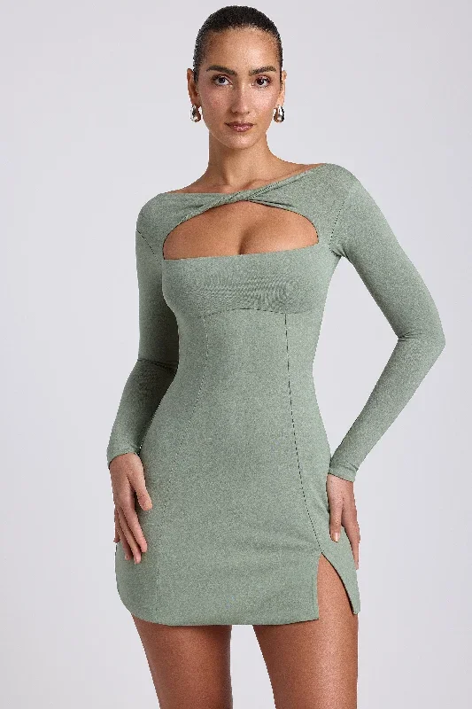 Modal Twist-Front Long-Sleeve Mini Dress in Sage Green