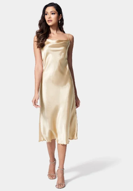 Satin Cowl Neck Slip Midi Dress