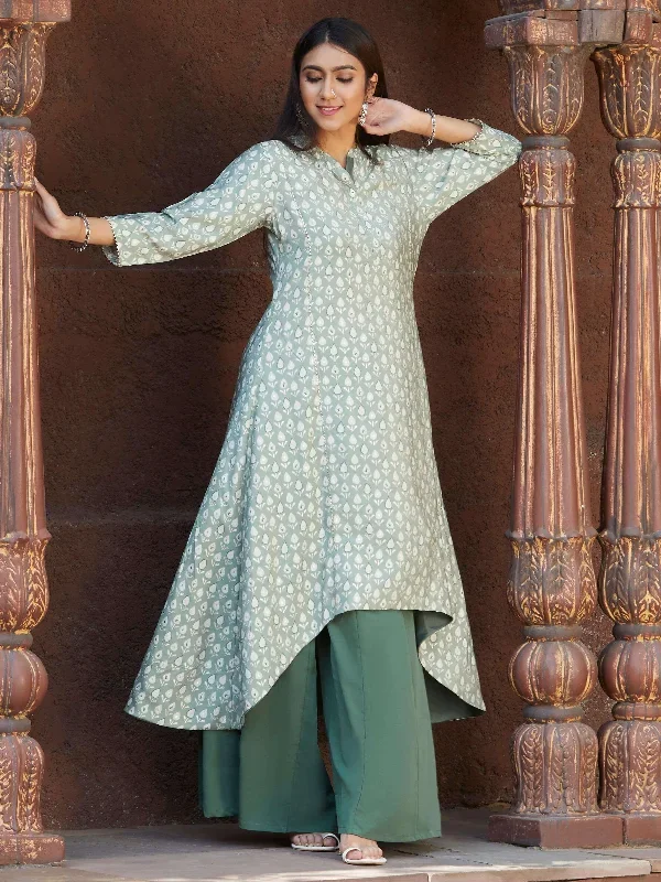 Sea Green Art Silk Ethnic Motifs Asymmetric Kurta