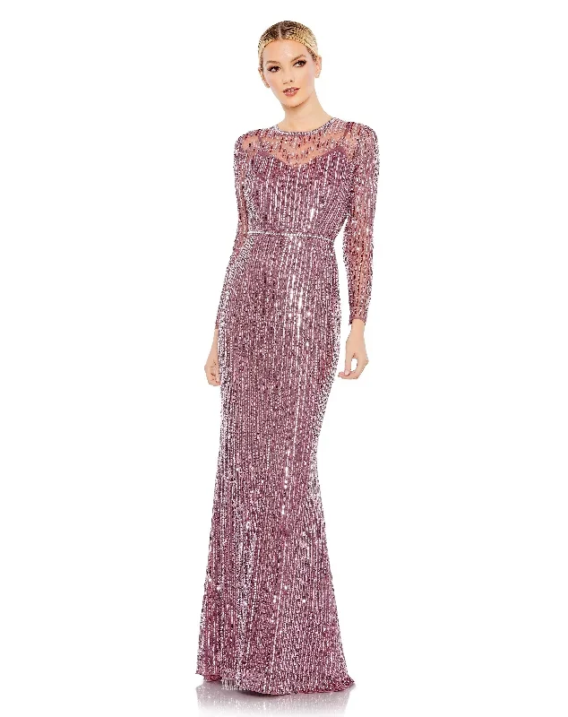 Sequined Illusion High Neck Long Sleeve Trumpet Gown