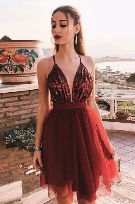 Sequins Top Burgundy Homecoming Dress