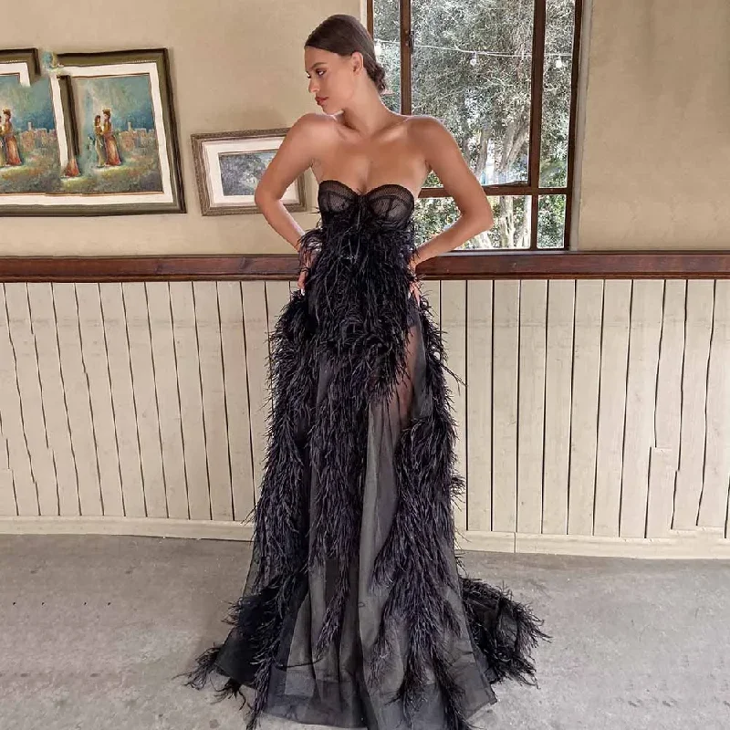 Sexy Strapless Prom Dress Sleeves Feather Sweep Train Gown For Women Zipper Tulle Dress Formal Wedding Party