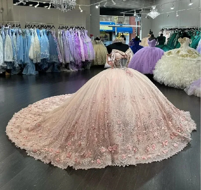 2024 Luxury Sparkly Fairytail Quinceanera Dresses Off Shoulder Gillter 3D Floral Boning vestido de 15 años Prom Lace Up