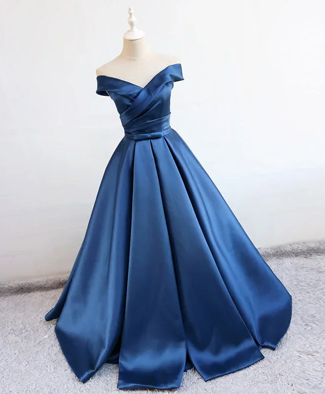 Simple Blue Satin Long Prom Dress, Blue Formal Bridesmaid Dresses