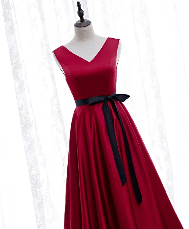 simple-v-neck-satin-burgundy-short-prom-dress-bridesmaid-dress