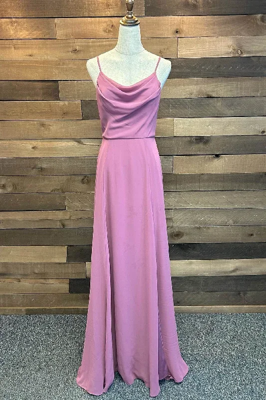 Spaghetti Straps Cowl Neck Chiffon Long Bridesmaid Dress