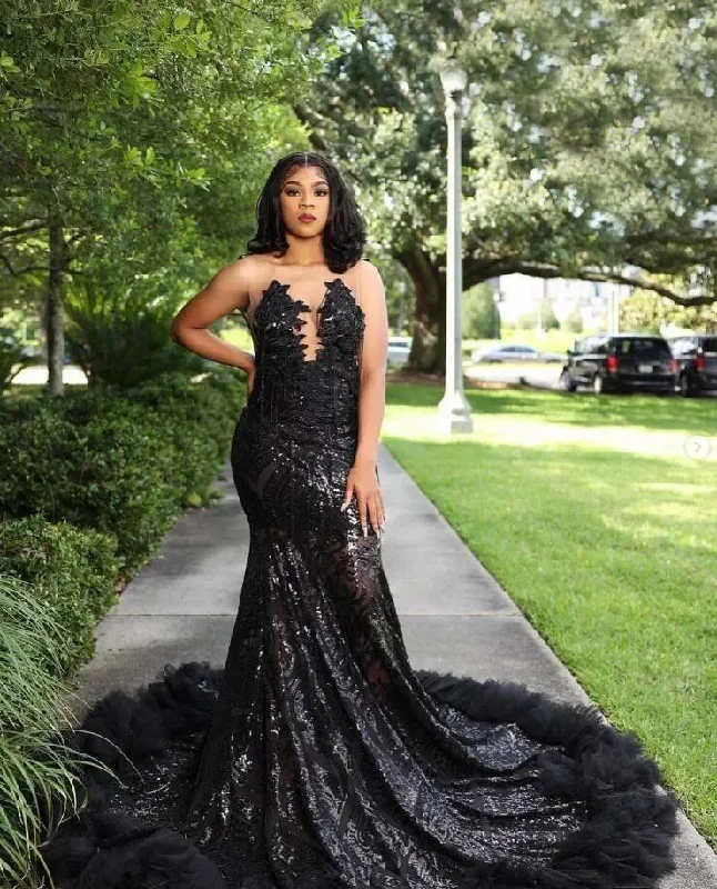 Sparkly African Trumpet Evening Formal Dresses Luxury Diamond Sequins Tassel Ruffles Black Girl Prom Slay Gown for Women