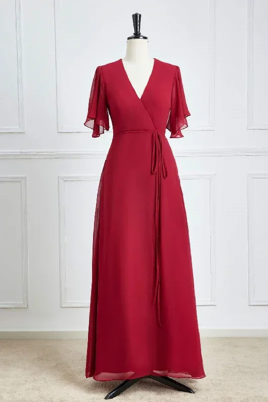 Surplice Neck Wine Red Flutter Sleeves Chiffon Bridesmaid Dress