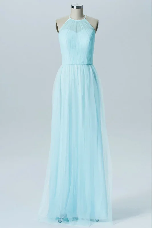 Sweet Light Blue Halter Tulle Bridesmaid Dress