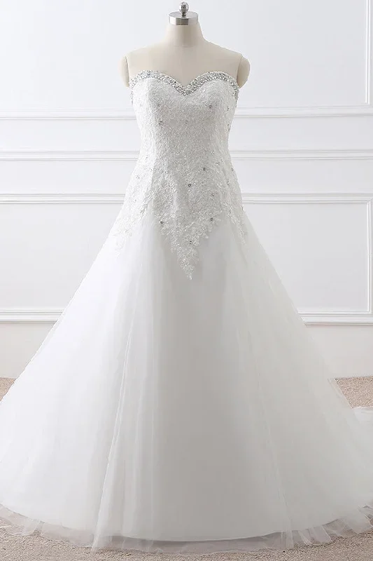 Long Sweetheart Beaded A-line White Wedding Dress with Lace