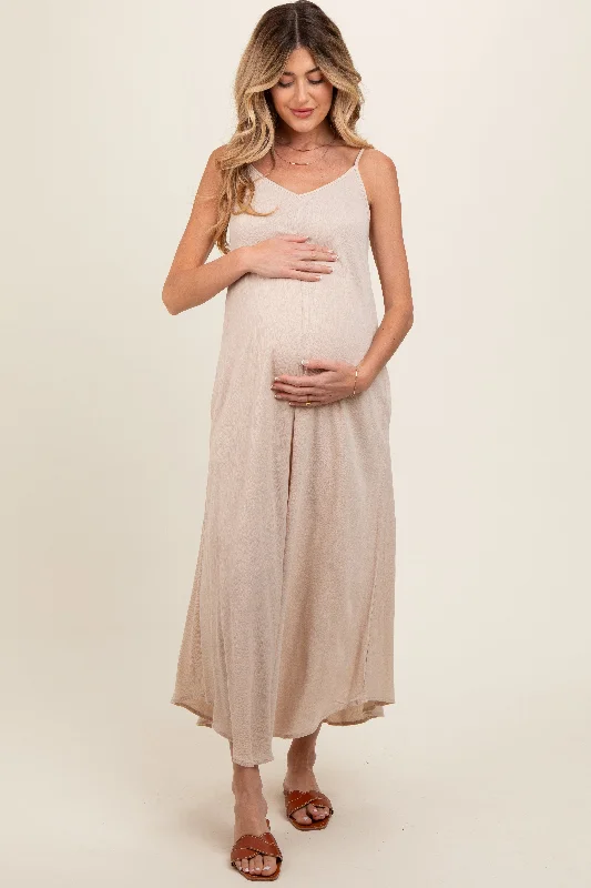 Taupe Lightweight Sleeveless V-Neck Maternity Maxi Dress