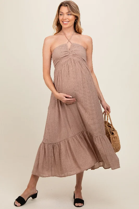 taupe-v-front-halter-maternity-midi-dress