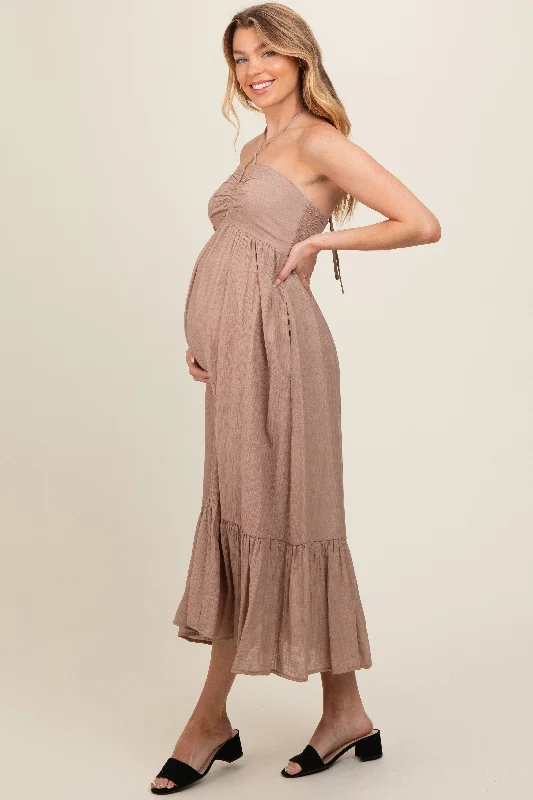 taupe-v-front-halter-maternity-midi-dress