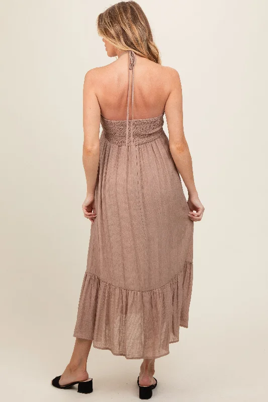 taupe-v-front-halter-maternity-midi-dress