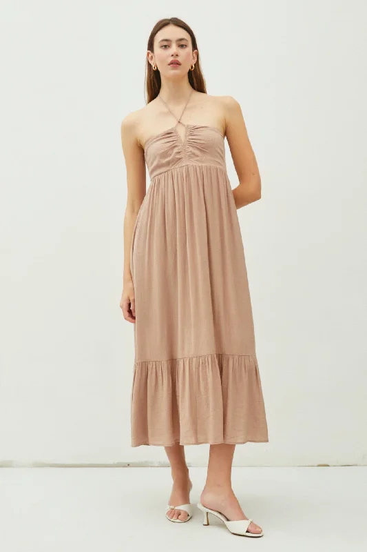 taupe-v-front-halter-maternity-midi-dress