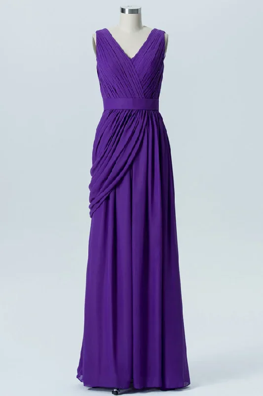 Purple Chiffon V-Neck Sleeveless Bridesmaid Dress