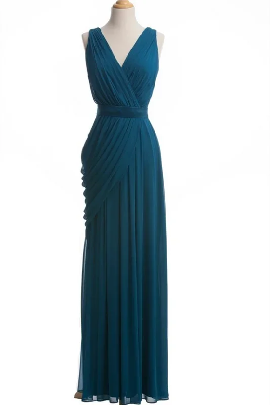 teal-chiffon-v-neck-sleeveless-bridesmaid-dress