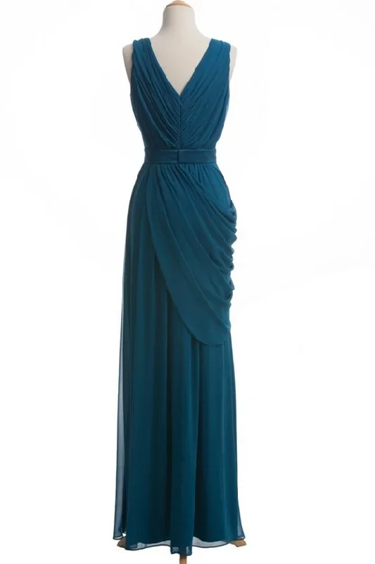 teal-chiffon-v-neck-sleeveless-bridesmaid-dress