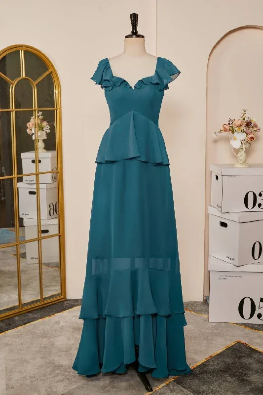 Teal Ruffle Tiered Chiffon Long Bridesmaid Dress