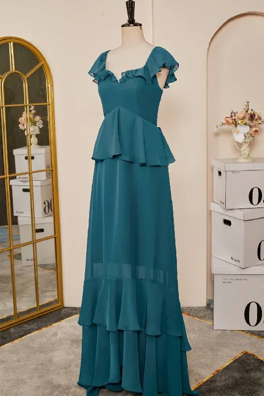 teal-ruffle-sleeves-tiered-chiffon-long-bridesmaid-dress