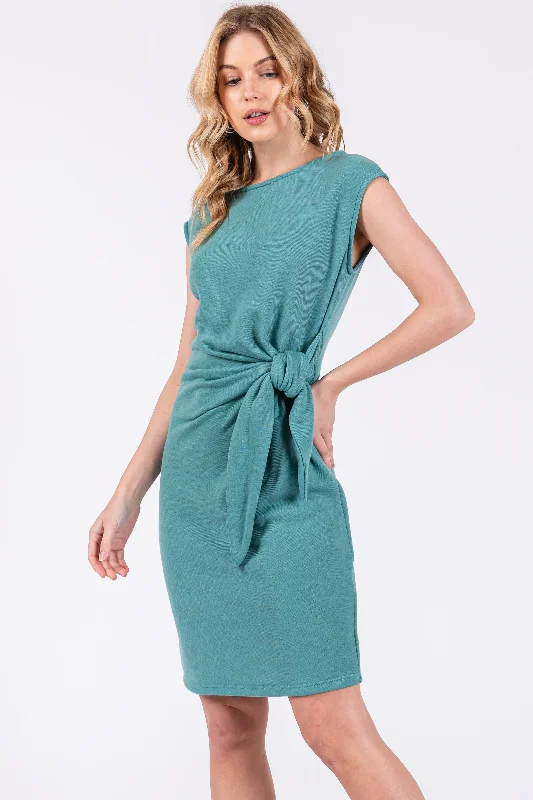 teal-terry-knit-gathered-waist-maternity-dress