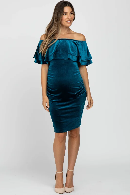 Teal Velvet Off Shoulder Fitted Maternity Dress