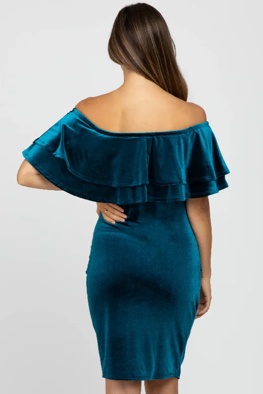 teal-velvet-off-shoulder-fitted-maternity-dress-1