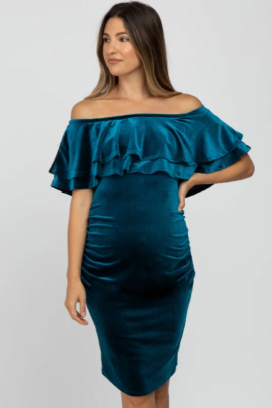 teal-velvet-off-shoulder-fitted-maternity-dress-1