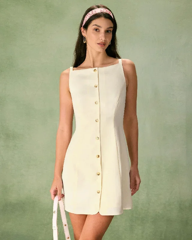 The Beige Boat Neck Button Mini Dress