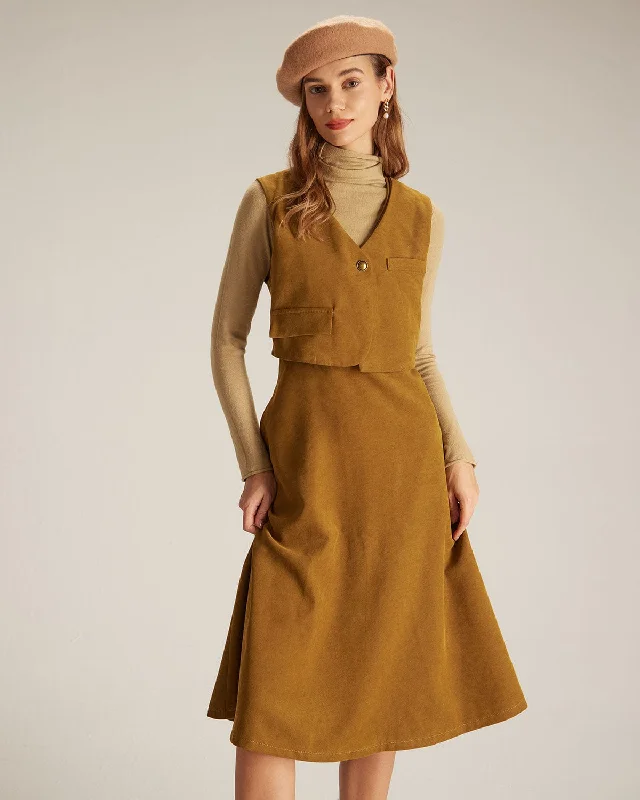 The Ginger V Neck Button Up Vest Midi Dress