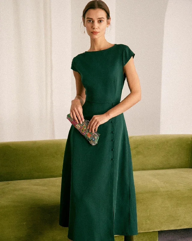 The Green Boat Neck Cutout Back Midi Dress