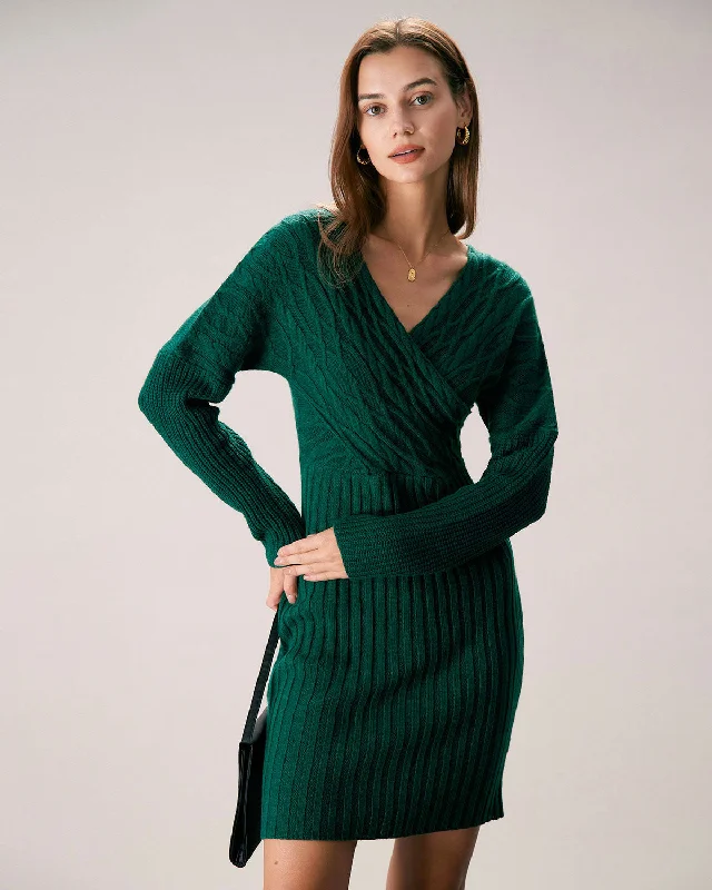 The Green V Neck Wrap Sweater Mini Dress