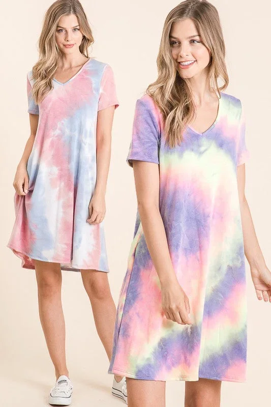 TIE DYE PRINT FRENCH TERRY V NECK MINI DRESS - BLUE/PINK or LAVENDER MIX