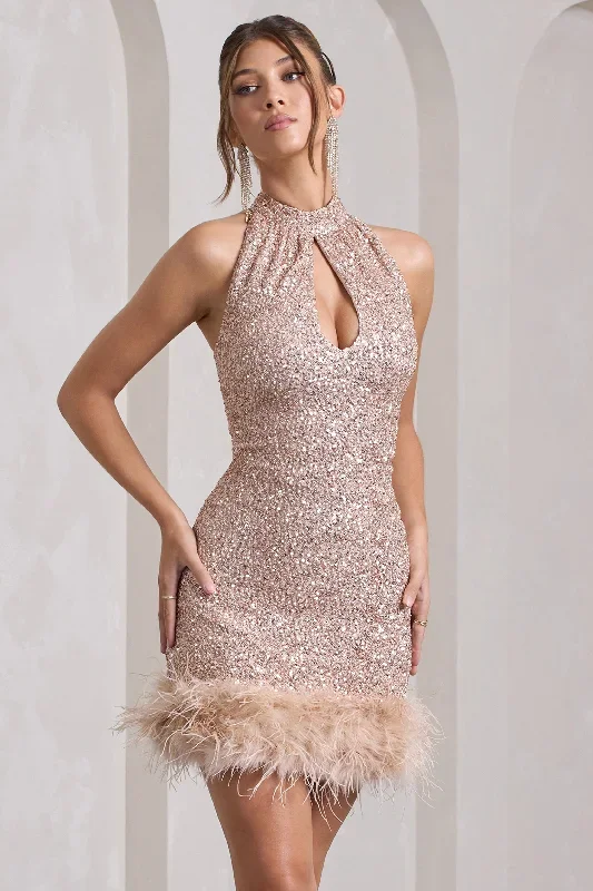 Tillie | Champagne Sequin High Neck Trapeze Mini Dress With Feather Hem Detail