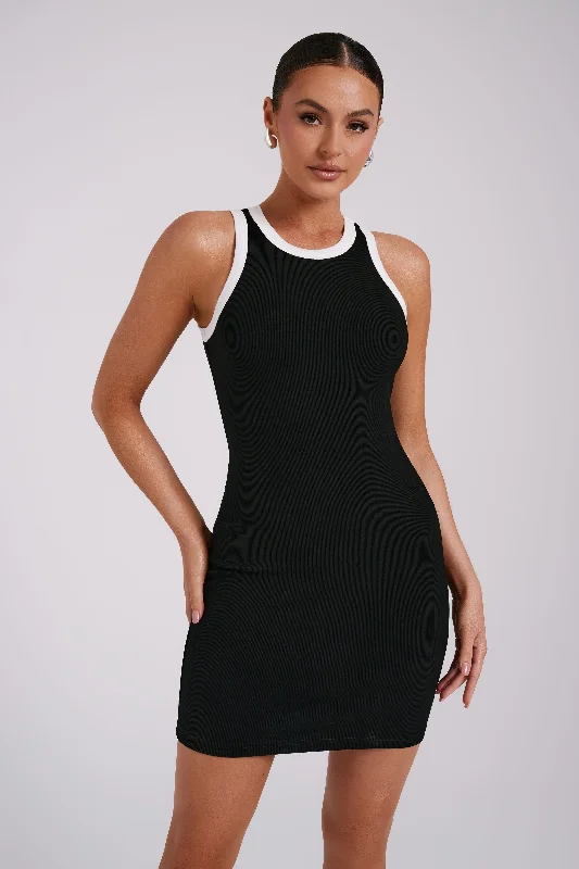 Tina Ribbed Racer Neck Mini Dress - Black