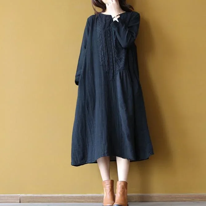 Top Quality Black Linen Dress Plus Size O Neck Cotton Maxi Dress Elegant Hollow Out Caftans ( Limited Stock)