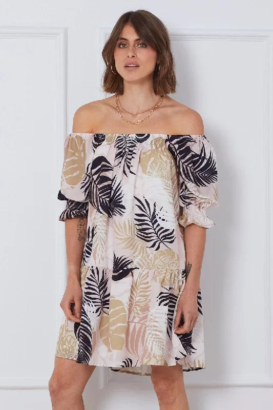 Trop Print Mini Dress Off Shoulder