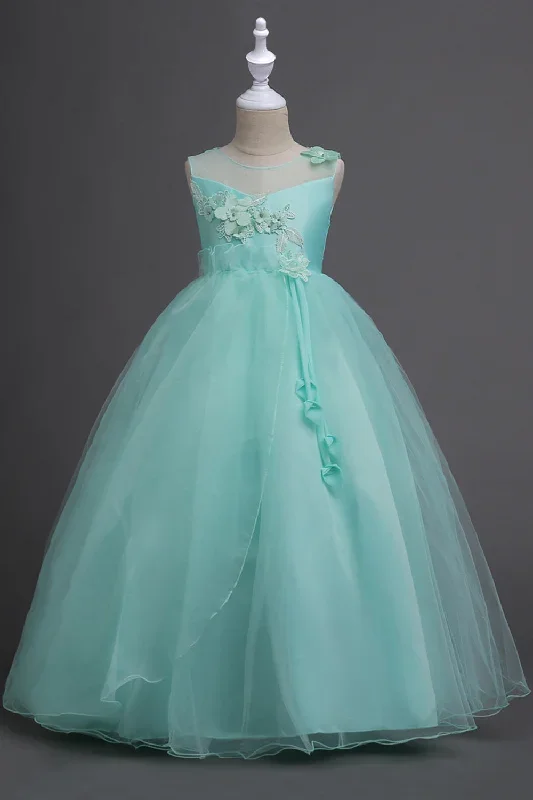 Tulle A-Line Col rond Vert Robe Fille avec appliques